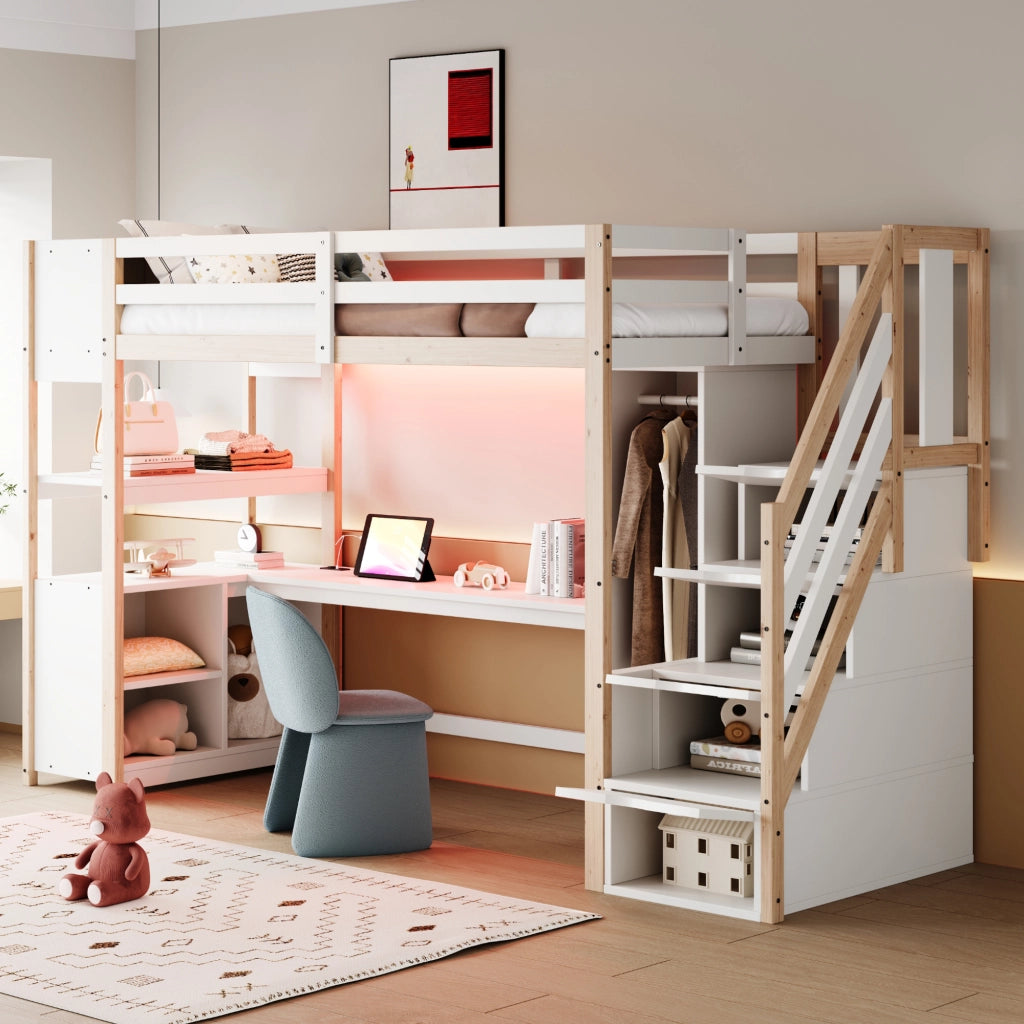 LETTO a soppalco 90x200 cm in legno bianco/naturale con scrivania e armadio