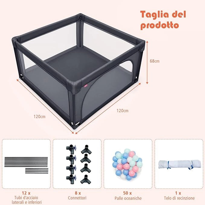 Box per Bambini, Centro Attività Portatile con Cancelli di Sicurezza, Recinto Resistente con Ventose Antiscivolo e Pareti a Rete Traspirante, Cancello per Giocare con 50 Palline (Grigio Scuro)