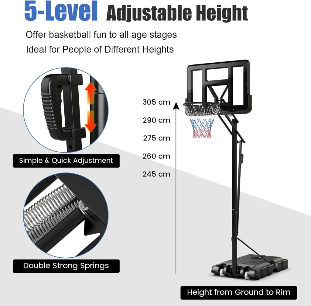 Canestro Basket per Esterno in PE, 10 Livelli di Altezza Regolabile 143-305 cm, Supporto da Basket Portatile con Ruote, Base, Pallacanestro per Interni, per Bambini e Adulti