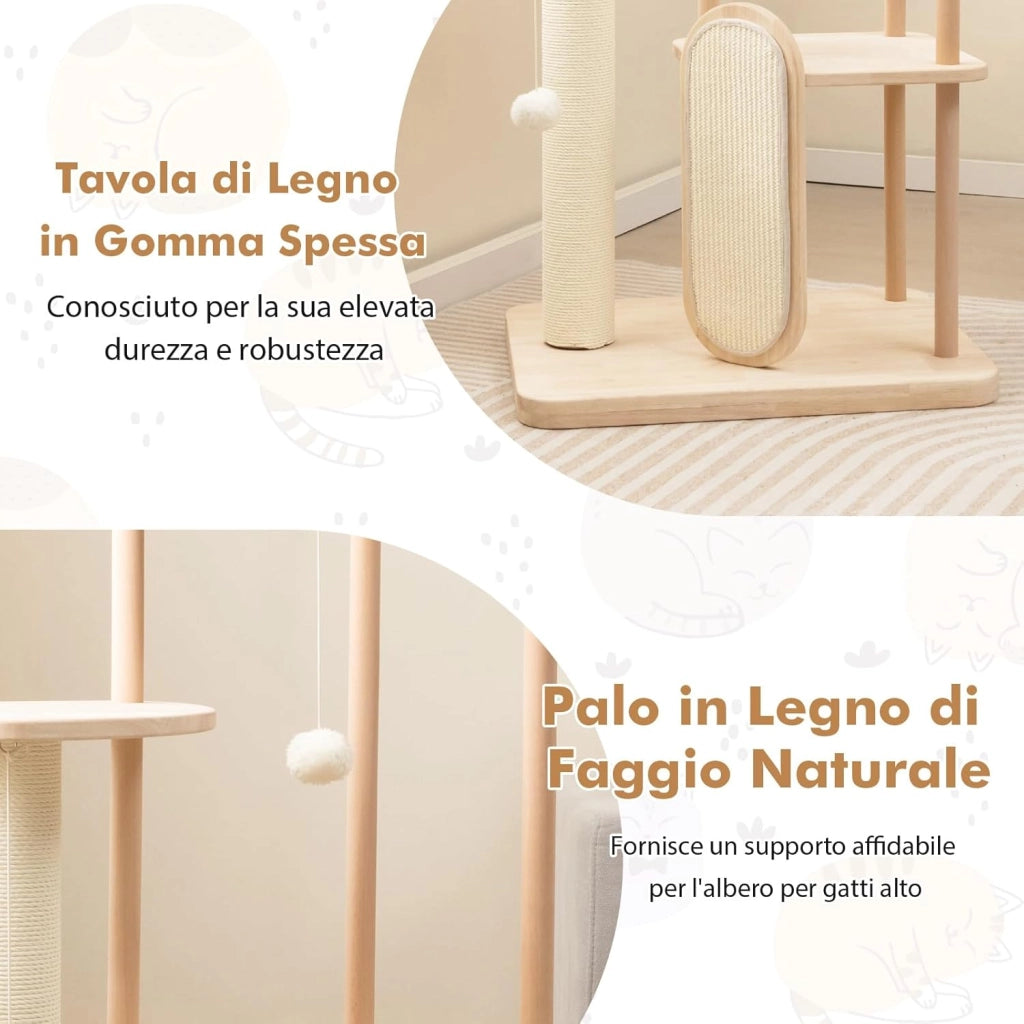 Tiragraffi per Gatti Piccola/Media, Albero per Gatti in Legno a Multilivello con Tavola e Palo Tiragraffi in Sisal, Posto Imbottito, Piattaforma e Palline