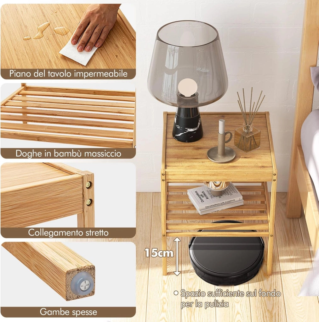 Set 2 Comodini a 2 Livelli 40x40x45cm in Bambù, Tavolino Moderno Camera da Letto, Mobile da Divano e Letto per Soggiorno e Ufficio, Naturale