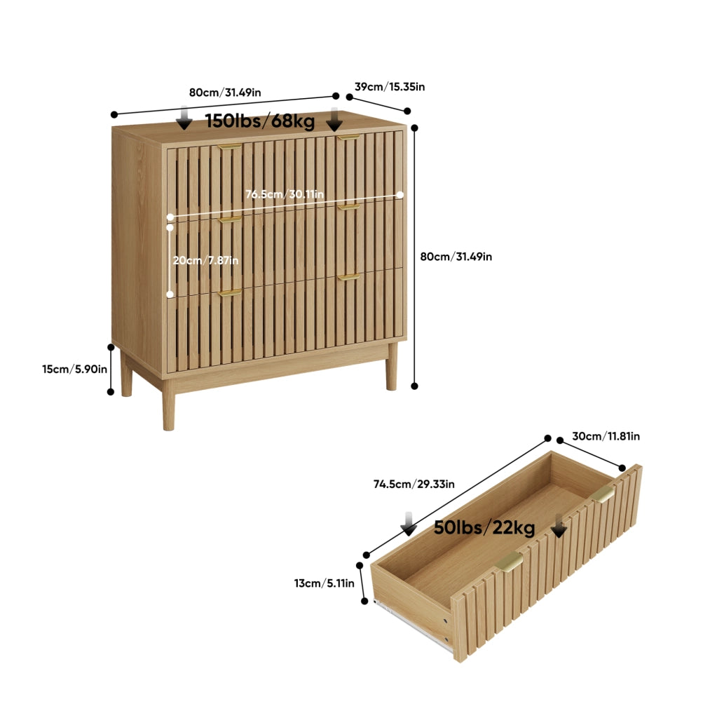 Cassettiera moderna a 3 cassetti in MDF color quercia 80 x 39 x 80 cm