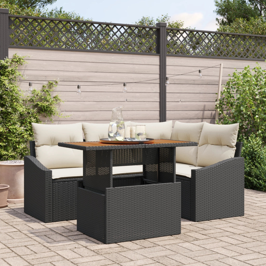 Set Divano da Giardino 5 Pezzi con Cuscini Nero Polyrattan