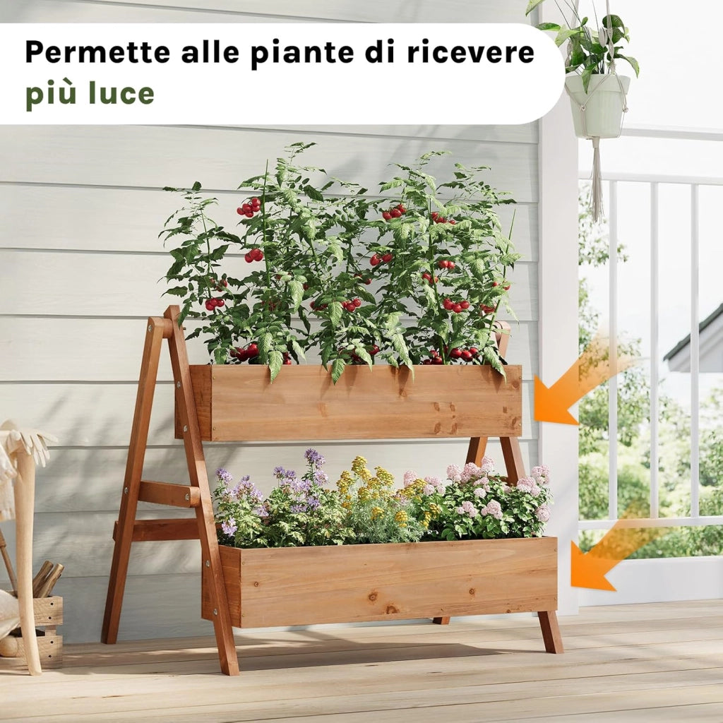 Fioriera Rialzata con Scaffale a Gradini 2 Livelli, Vasi Integrati per Piante, Ideale per Interni/Esterni su Terrazzo, Balcone e Giardino, Legno 80x62x68 cm, Marrone