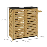 Mobile Sottolavabo Bagno con 2 Ante a Doghe, Porta Asciugamani e Intaglio a U, Legno e Nero