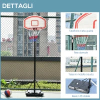 Canestro Basket Altezza Regolabile 5 Livelli 175-215cm, Struttura Metallo e Base Riempibile con Ruote, Tabellone PE