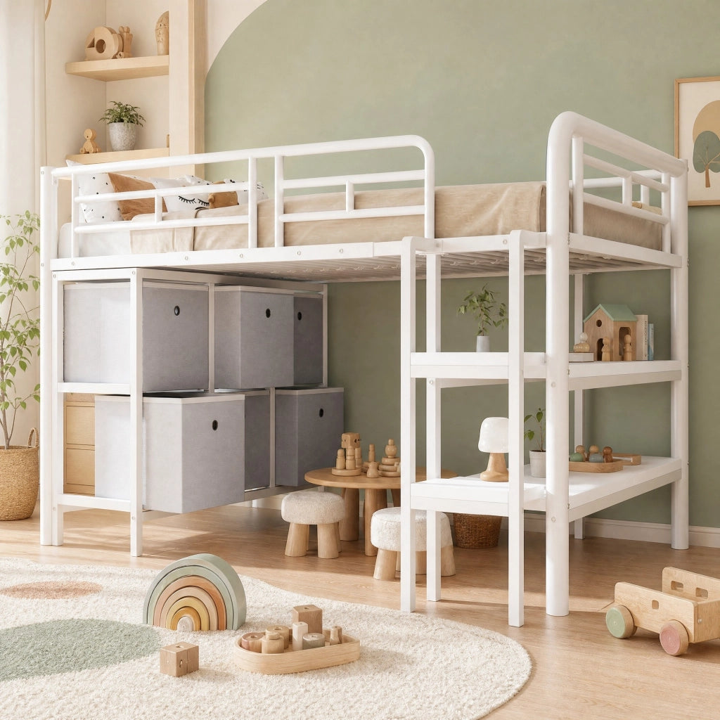 Letto a soppalco basso per bambini 90x200 cm in metallo e MDF, con scala larga, cassetti e ripiani, colore bianco