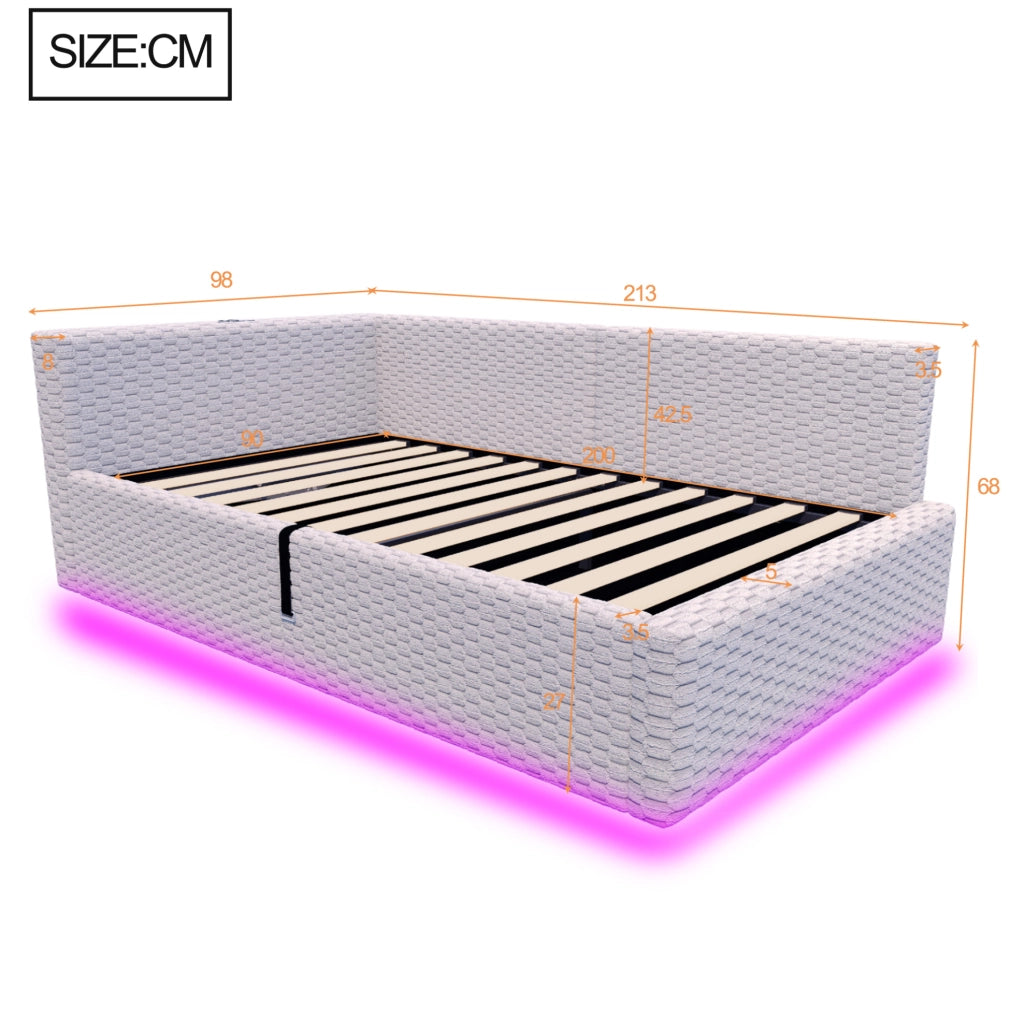Letto imbottito multifunzione 90x200 cm in velluto grigio con contenitore; LED e porte USB