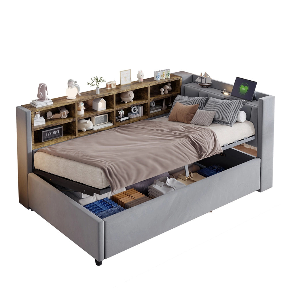 Divano letto-Xylo-90x200 cm-LED, USB-C, ripiani, velluto grigio chiaro