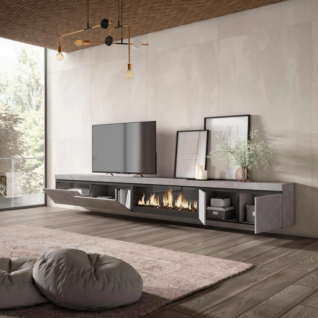Mobile TV Soggiorno, 368x35x45, Camino elettrico XXL, da appendere, grigio cemento RF3679