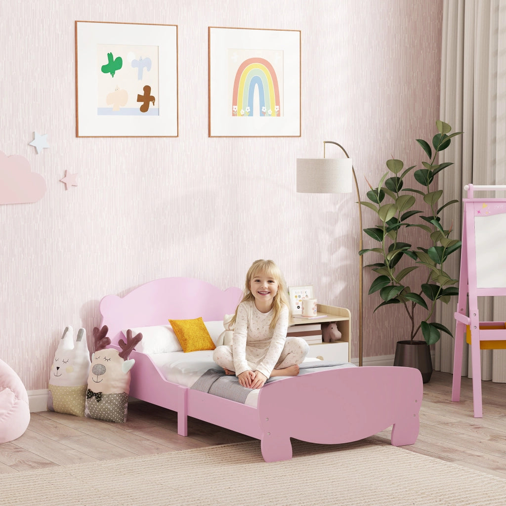 Letto Montessori per Bambini 3-6 Anni, 140x70 cm Lettino Singolo per Bambini con Sponde Anti-Caduta e Rete a Doghe a Forma di Orso in Legno per Cameretta, Rosa