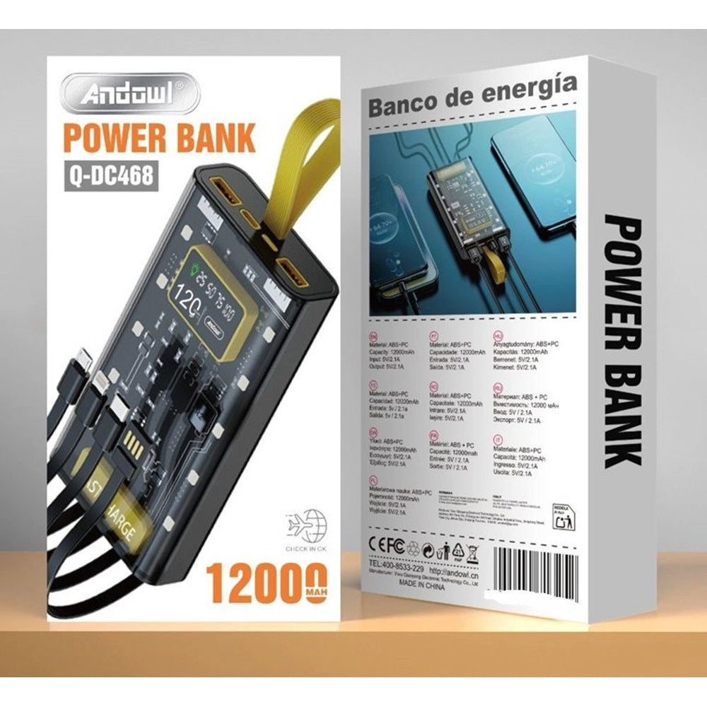Trade Shop - Power Bank Portatile Design Trasparente Con Cavi Ricarica Integrati 12000 Mah Q-dc468 -