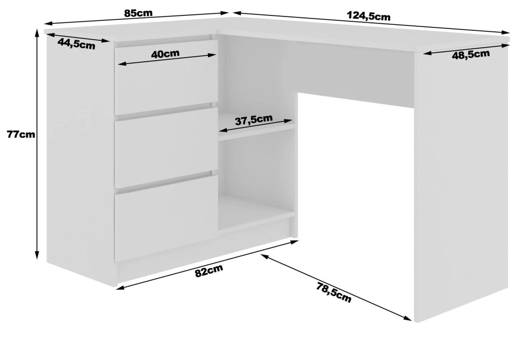 Scrivania angolare AKORD B16 Bianco 124 cm 3 cassetti inserto frontale Sonoma Quercia 124x85x77 cm Modello a sinistra