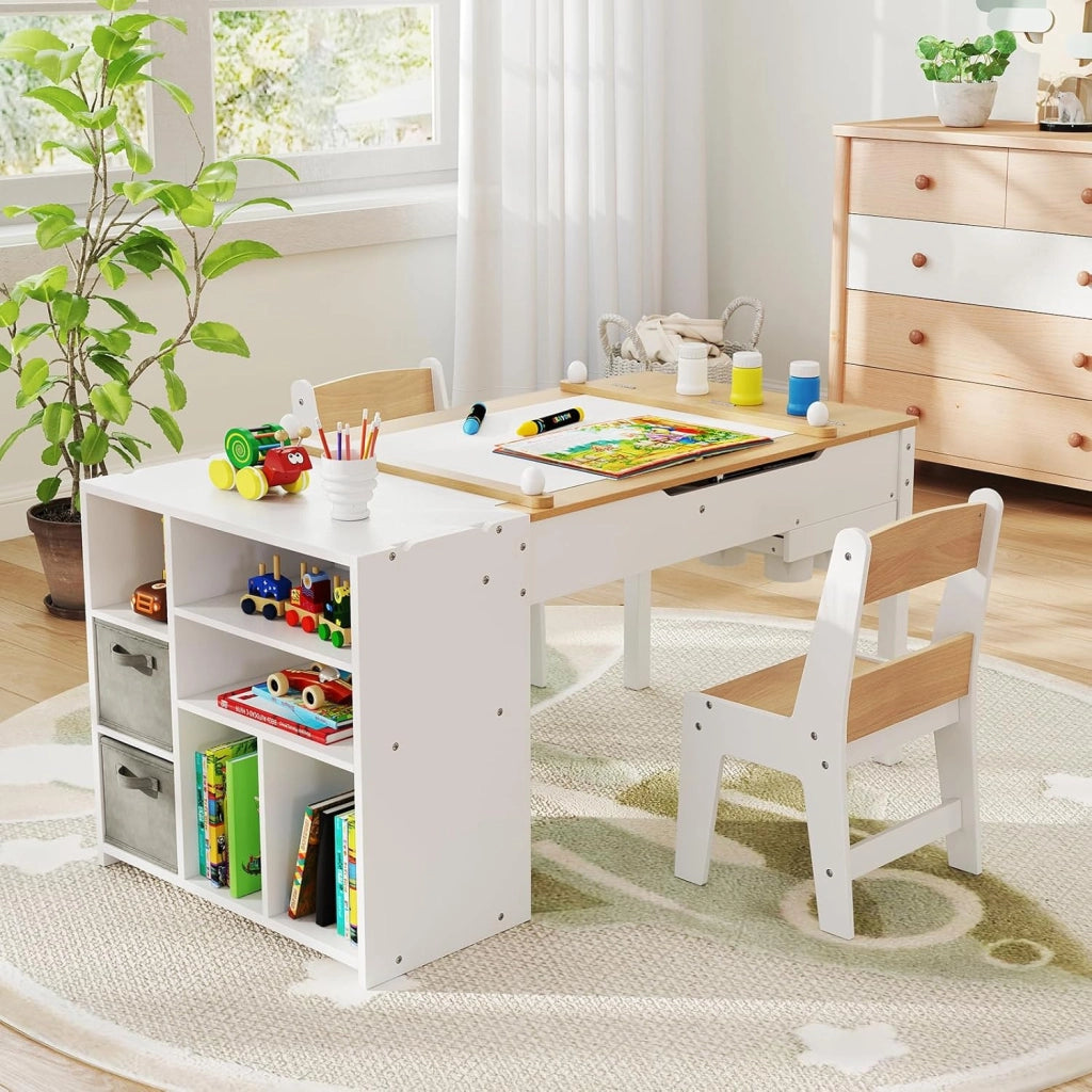 Set Tavolo e Sedie per Bambini con Rotolo di Carta, Tavolino per Cameretta con 2 Sedie, Piano Ribaltabile, Ripiani, 8 Bicchieri per Pittura, 2 Cassetti Nascosti e 2 Ceste di Tessuto (Naturale)