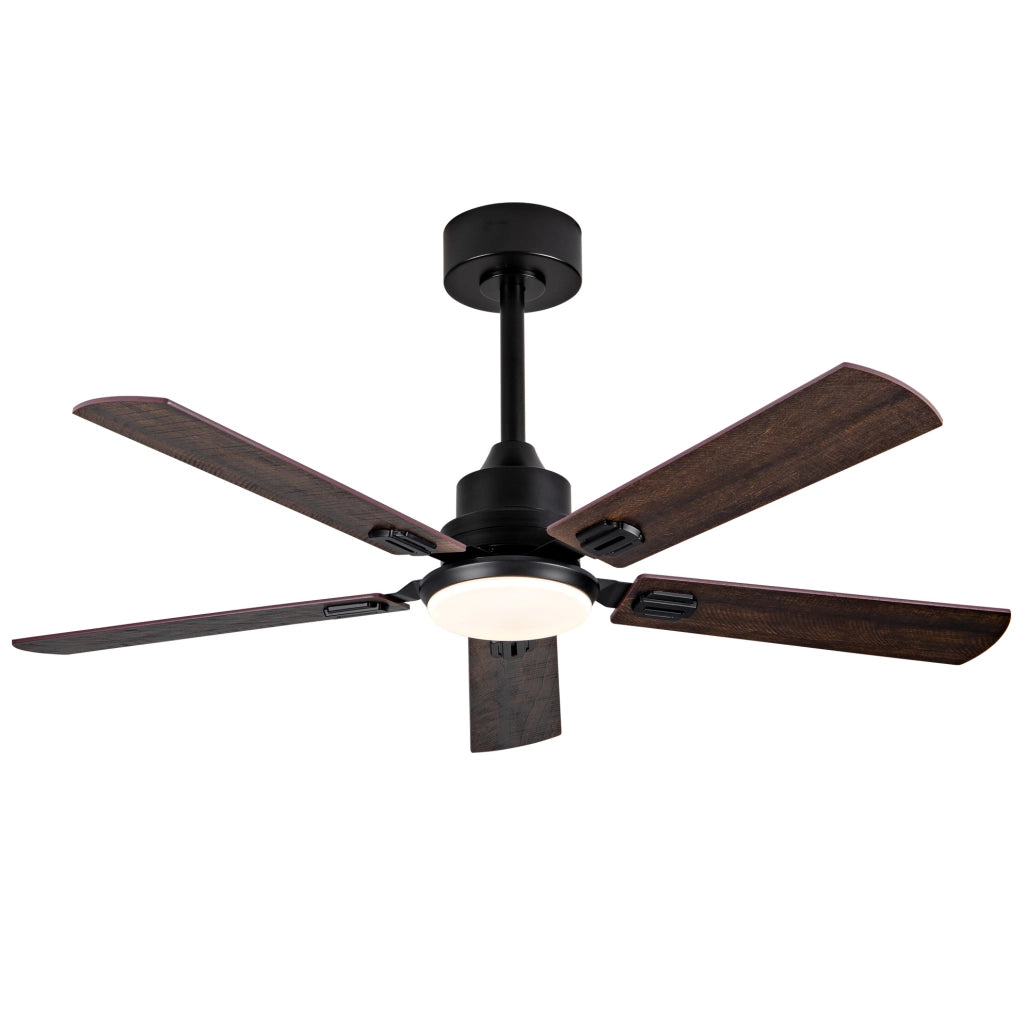 Ventilatore da soffitto da 52 pollici con luce LED dimmerabile; nero e noce scuro; metallo e legno