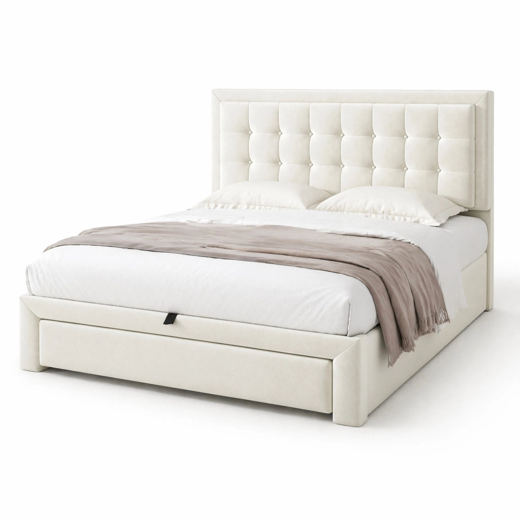 Letto imbottito matrimoniale 140x190 cm in velluto beige con testiera regolabile, contenitore idraulico e 2 colli