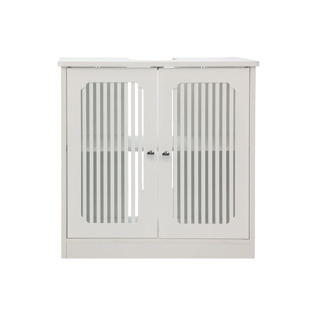 Mobile sottolavabo bagno bianco con 2 ante a lamelle e ripiano regolabile, in pannello truciolare, 70x35,3x14,5 cm