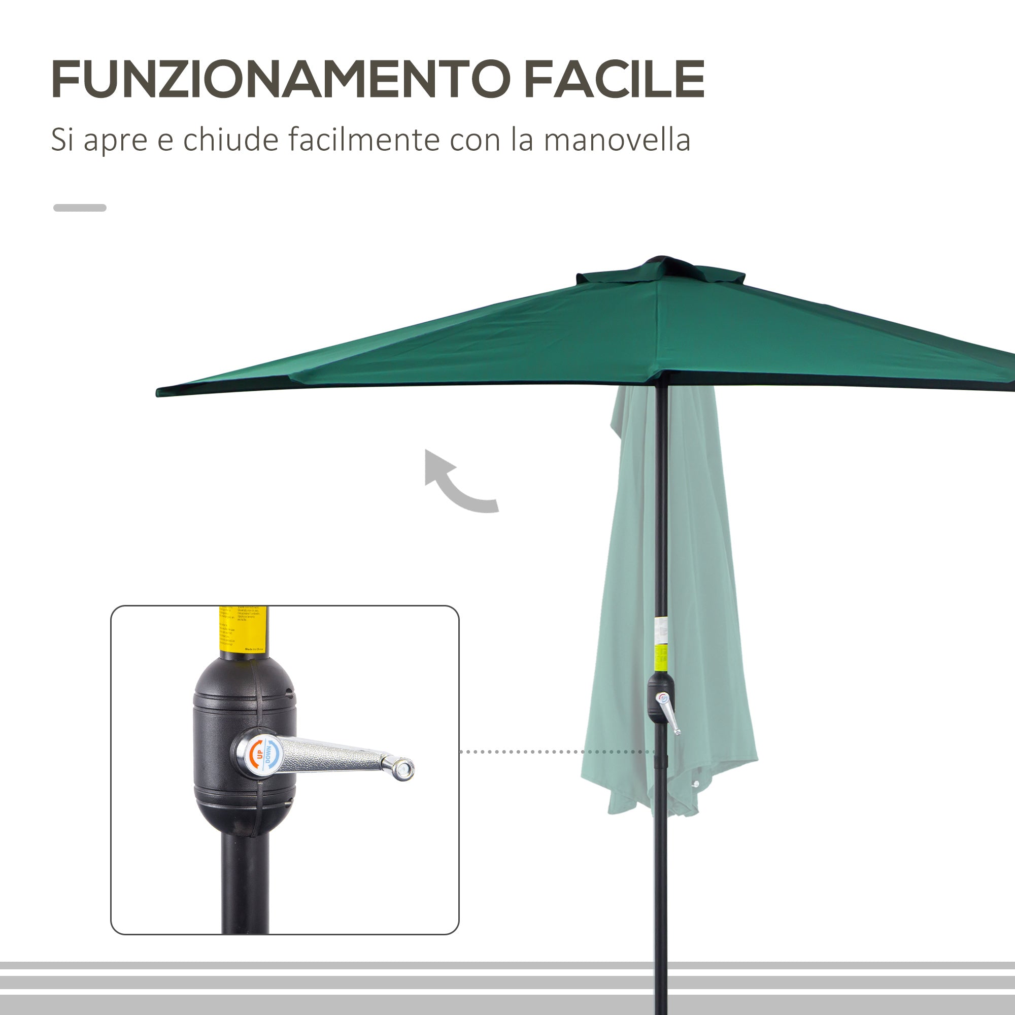 Ombrellone da Giardino 2,6x1,3x2,3 m Palo Ø38 mm Semicircolare in Alluminio Shade Verde