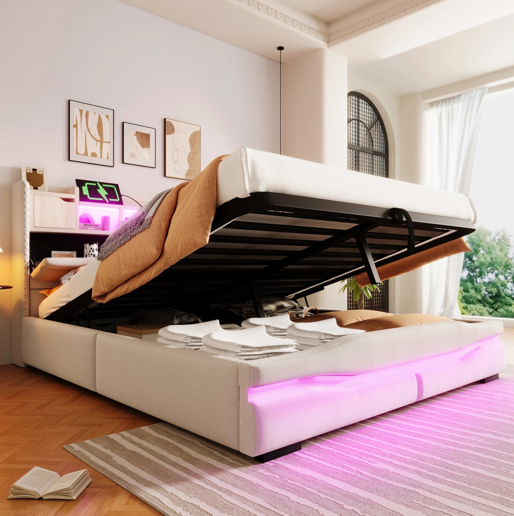 LETTO Imbottito 160x200 cm Lino Beige con LED e vano contenitore idraulico