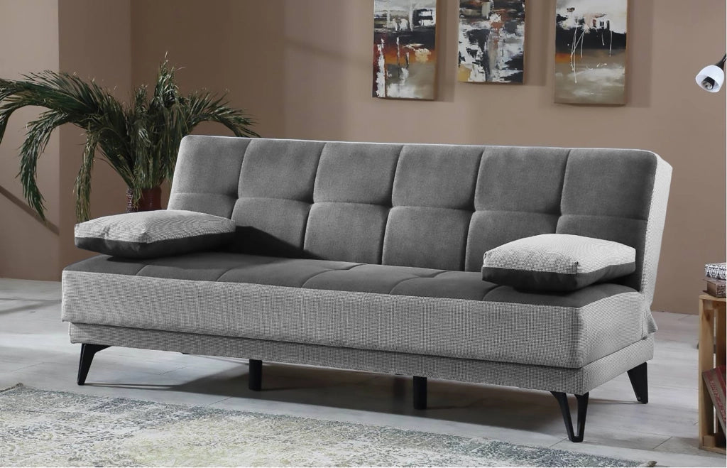 Divano letto Aborigeni, Divano letto a 3 posti con piedini in metallo nero , SofÒ  da soggiorno in tessuto imbottito con apertura click-clack, 190x87h97 cm, Grigio