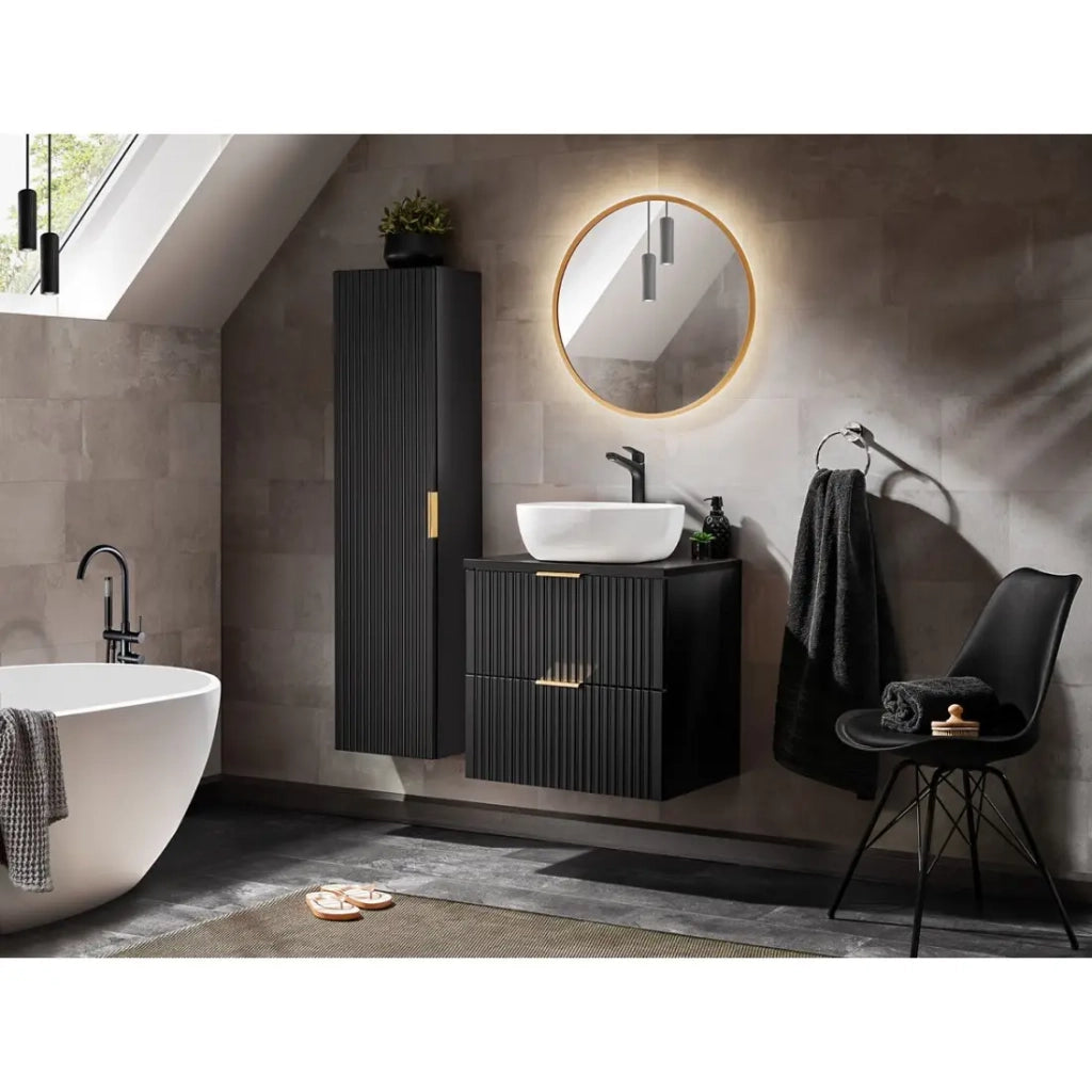 Mobile sottolavabo NOXERA 60 cm – Nero opaco – Lavabo + specchio LED + colonna sospesa