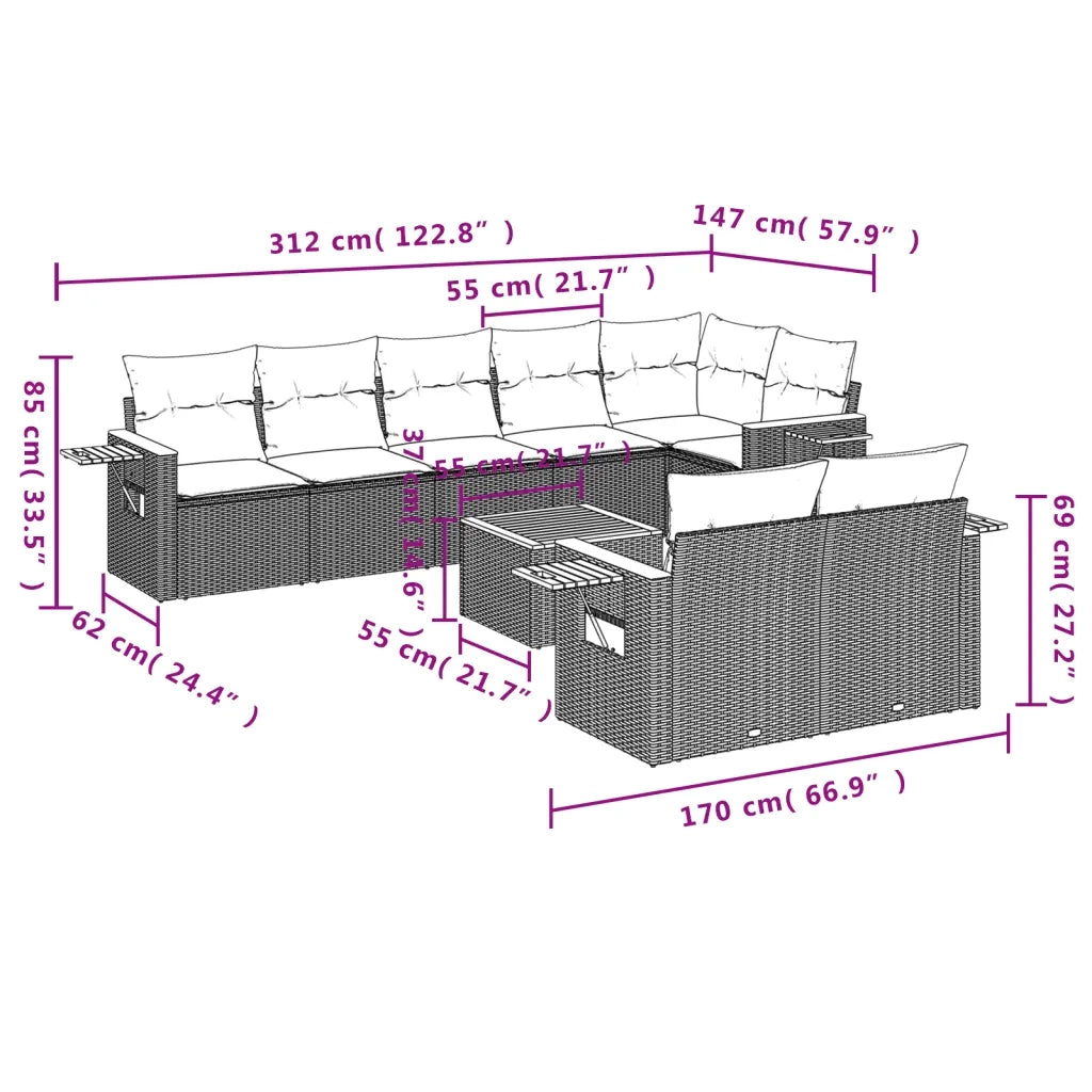 Set Divano da Giardino 9 pz con Cuscini Beige in Polyrattan 3226997
