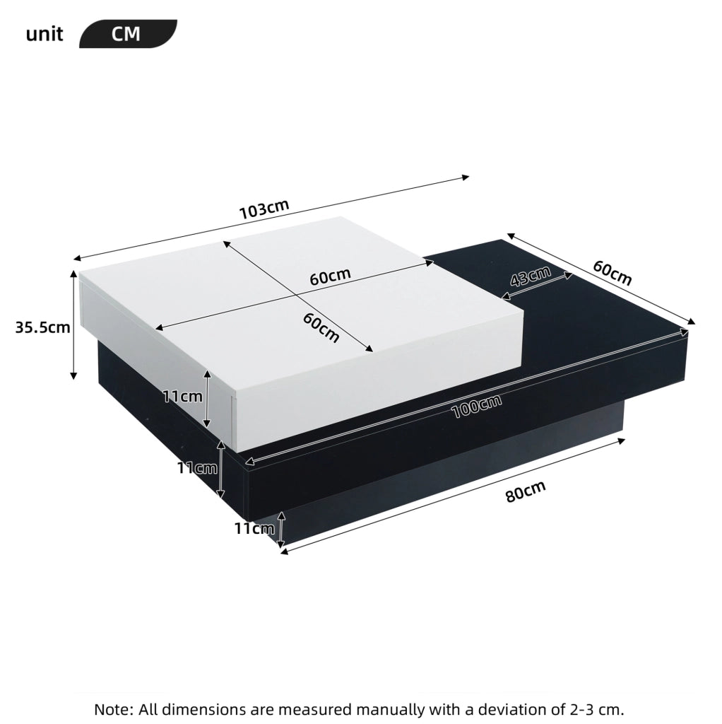 Tavolino da salotto 103x60x35.5 cm girevole a due livelli in truciolare bianco e nero