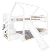 Letto a Soppalco Letto Matrimoniale con Scala Contenitore; Scivolo e Sponde 140×200 cm; senza Materasso; Bianco