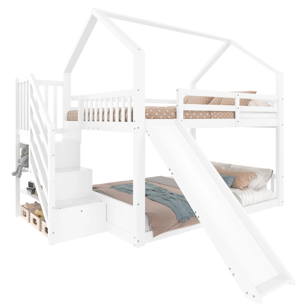 Letto a Soppalco Letto Matrimoniale con Scala Contenitore; Scivolo e Sponde 140×200 cm; senza Materasso; Bianco