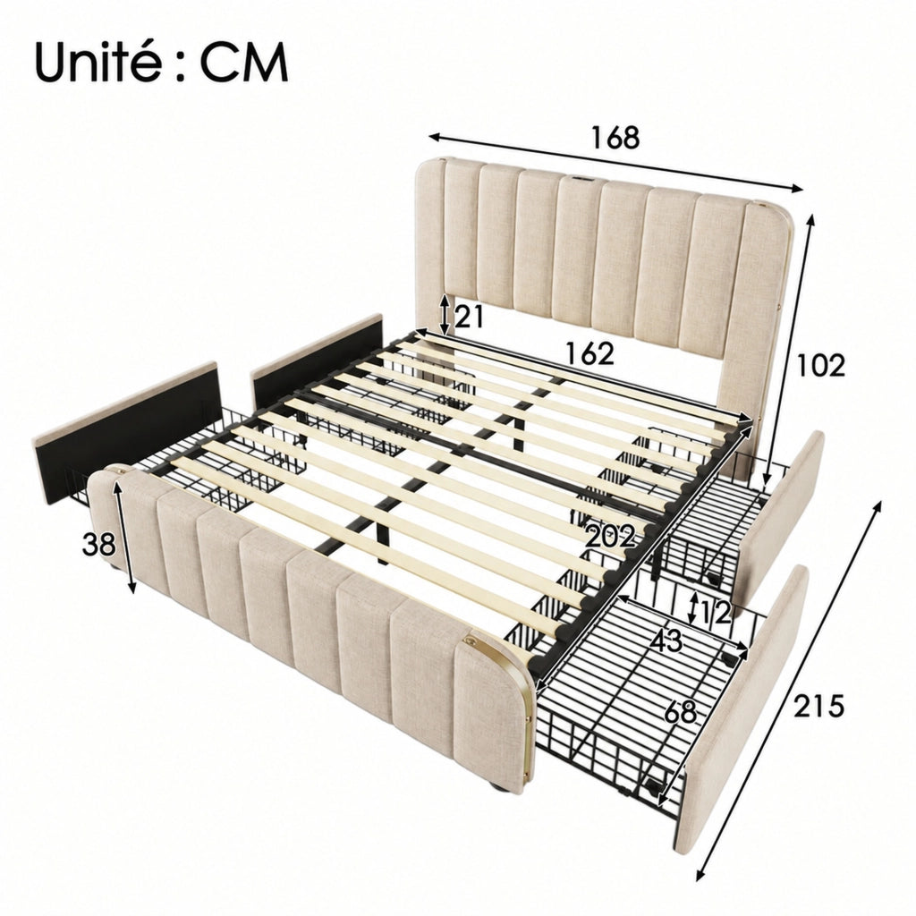 Letto 160x200 cm in lino grigio con USB， LED e contenitore