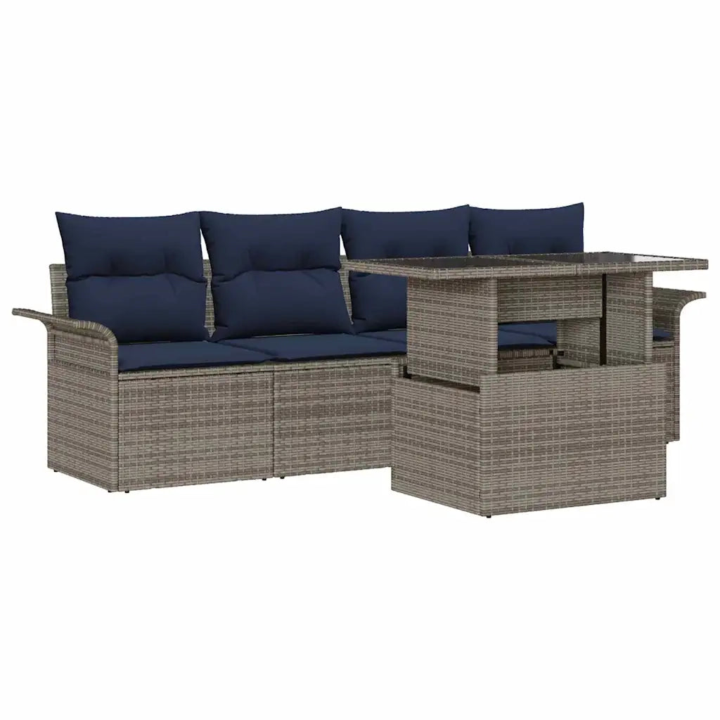 Set Divano da Giardino con cuscino 5 pcs Grigio Poly Rattan