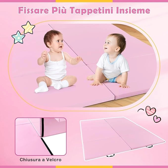 Tappetino per Ginnastica Pieghevole a 4 Pannelli con Maniglie, 300 x 117 x 5 CM, Tappetino in Ecopelle con Chiusure a Strappo per Ginnastica, Yoga, Stretching & Capriole