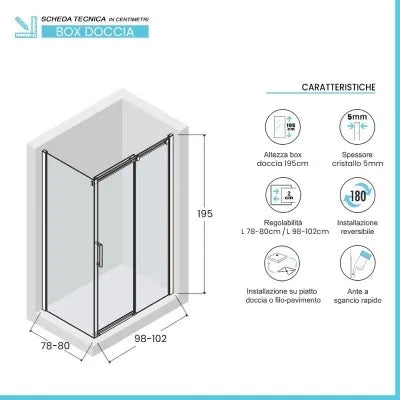 Box doccia angolare 80x100 cm scorrevole con profilo nero opaco  Tay