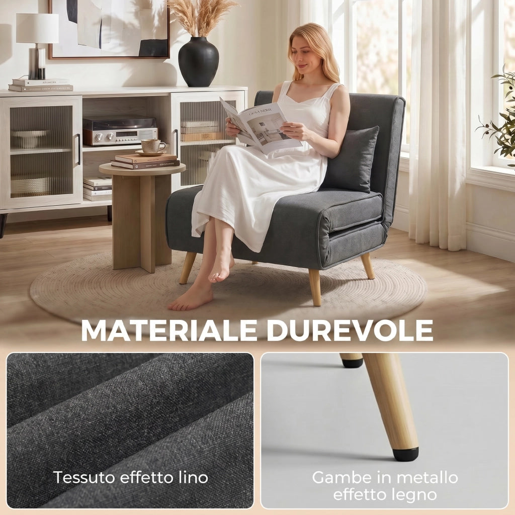 Poltrona Letto Singola 3 in 1 con Schienale Regolabile in 3 Livelli e Cuscino in Tessuto Effetto Lino Grigio