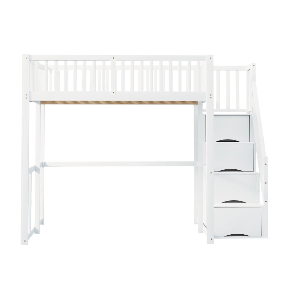 Letto a soppalco 140x200 cm con scala contenitore e sbarre di sicurezza in legno bianco