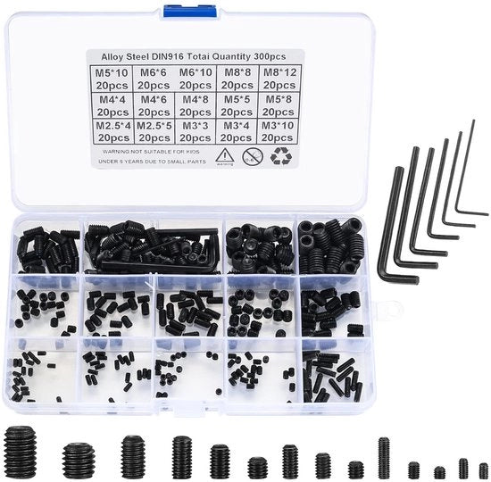 Assortimento Viti Madenschroef e Viti di Bloccaggio per Maniglie Porta - 300 Pezzi in Acciaio di Carbone con Bussole Metriche - M2.5/M3/M4/M5/M6/M8.