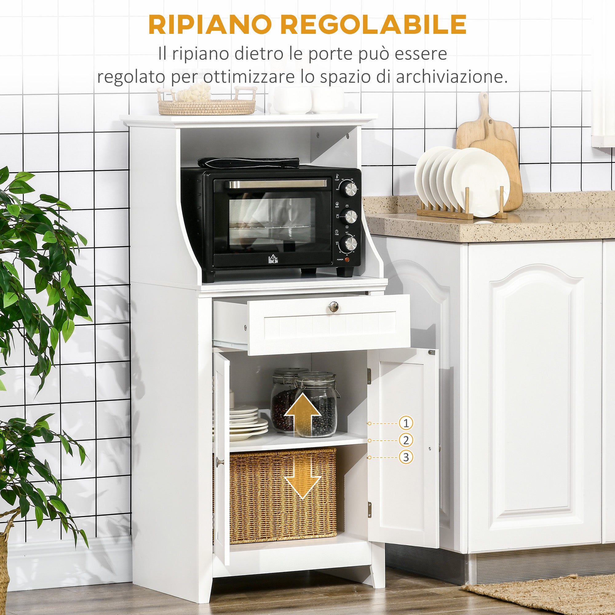 Mobile Cucina per Microonde 60x40x122,5 cm con Cassetto e Armadietto 2 Ante in MDF Bianco