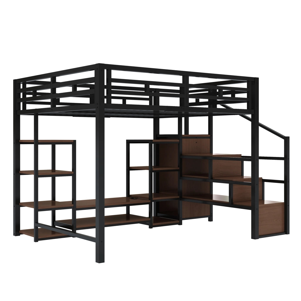 Letto a soppalco 140×200 cm con supporto TV; presa di corrente e scala; senza materasso; metallo; nero