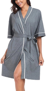 Kimono da donna corto, 100% cotone, pigiama da bagno leggero, saunabagno estivo, abbigliamento notturno morbido (grigio scuro, XL)