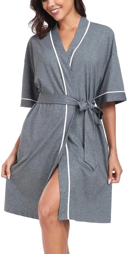 Kimono da donna corto, 100% cotone, pigiama da bagno leggero, saunabagno estivo, abbigliamento notturno morbido (grigio scuro, XL)