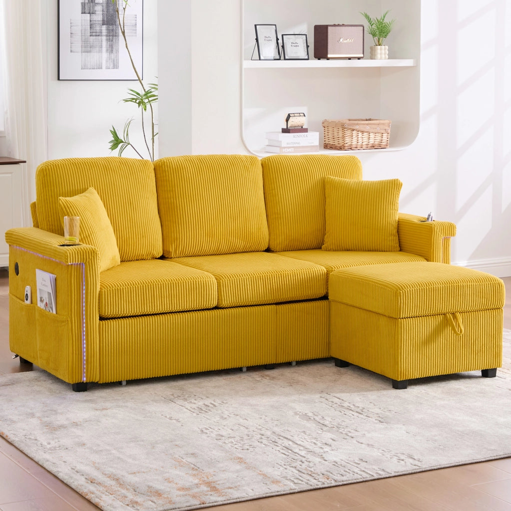 Divano in velluto a coste giallo senape con LED; USB/Type-C; portabevande e vano contenitore