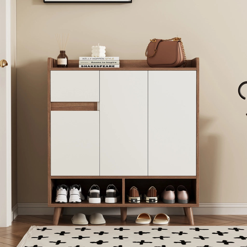 Mobile contenitore con ripiani regolabili e vani aperti, per ingresso, in truciolare, bianco naturale, 90 × 35 × 99 cm