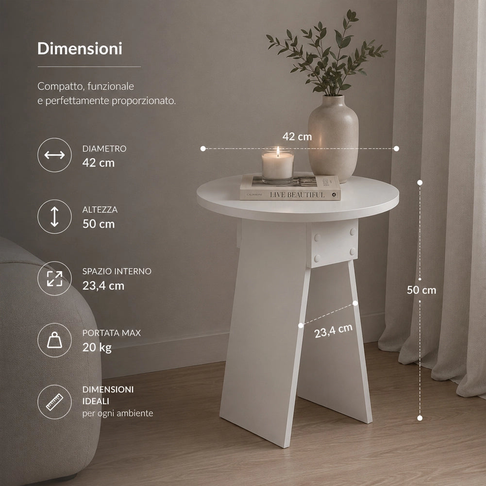 Tavolino Rotondo Bianco da Soggiorno Design Minimal Tavolo Comodino 42x23.5x50cm