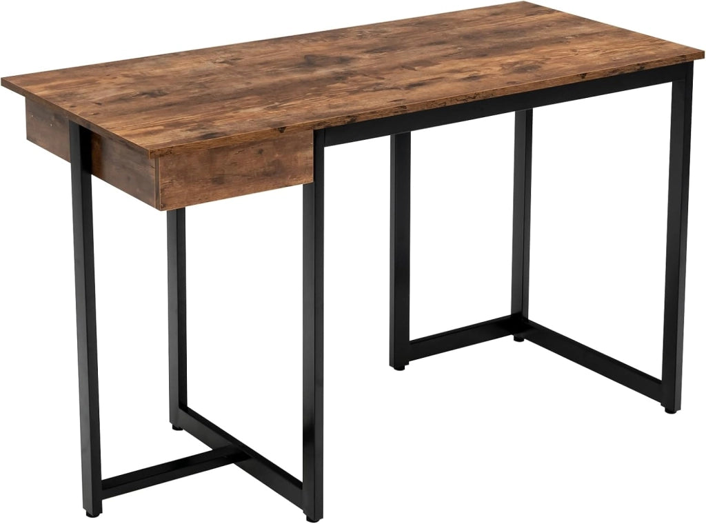 Scrivania con Cassetto, 120 × 55 cm, Scrivania per Computer con Telaio in Metallo Rinforzato e Poggiapiedi Regolabili, Moderno Tavolo da Ufficio per Camera da Letto, Studio e Ufficio