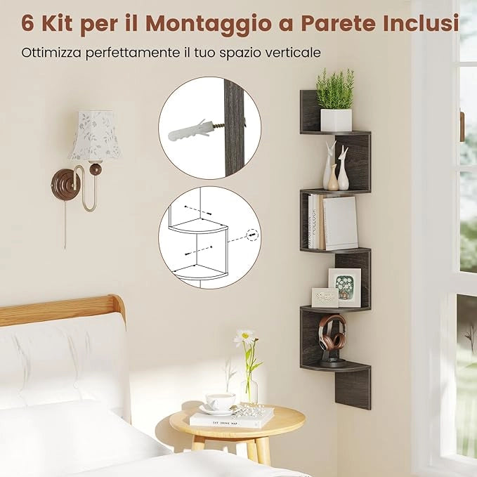 Scaffale Angolare a 5 Livelli, Scaffale Sospeso a Muro, Organizzatore di Stoccaggio a Parete, Espositore in Legno per Soggiorno Camera da Letto e Cucina, 20 x 20 x 126 cm (Grigio)
