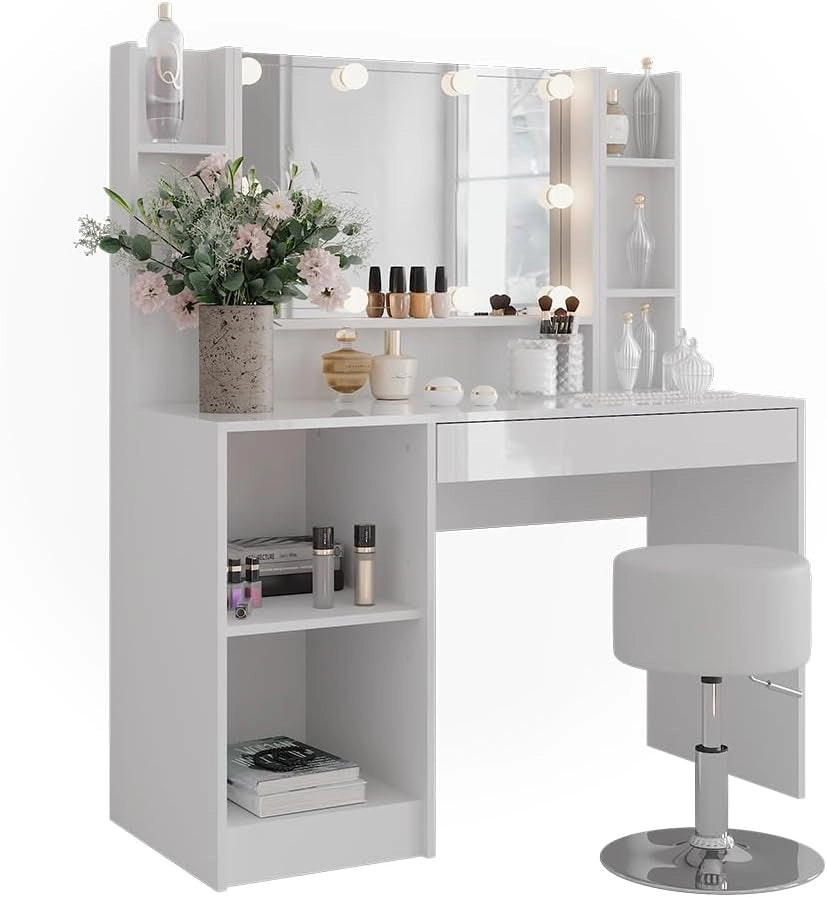 Tavolo da toeletta Sherry, Bianco/bianco lucido, 119.8 cm 6 parti