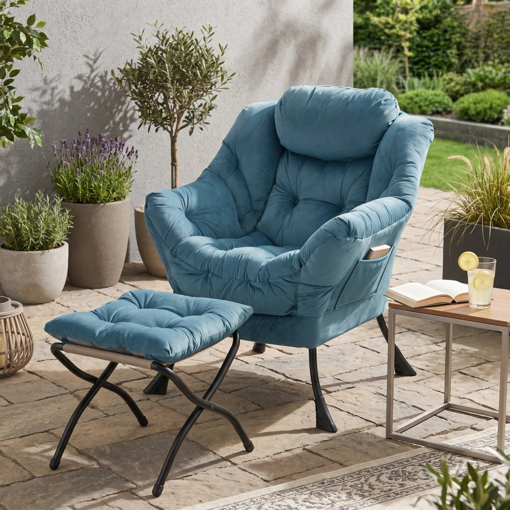 SEDIA Relax con Pouf Blu in Tessuto e Metallo