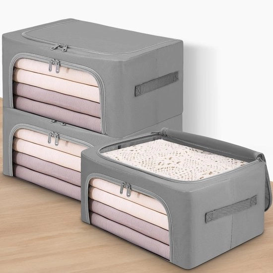 Set di 3 contenitori di archiviazione 24L con struttura metallica, contenitori pieghevoli e ripiegabili con coperchio, organizzatore di armadio per coperte, abiti, coperte e T-shirt (grigio)