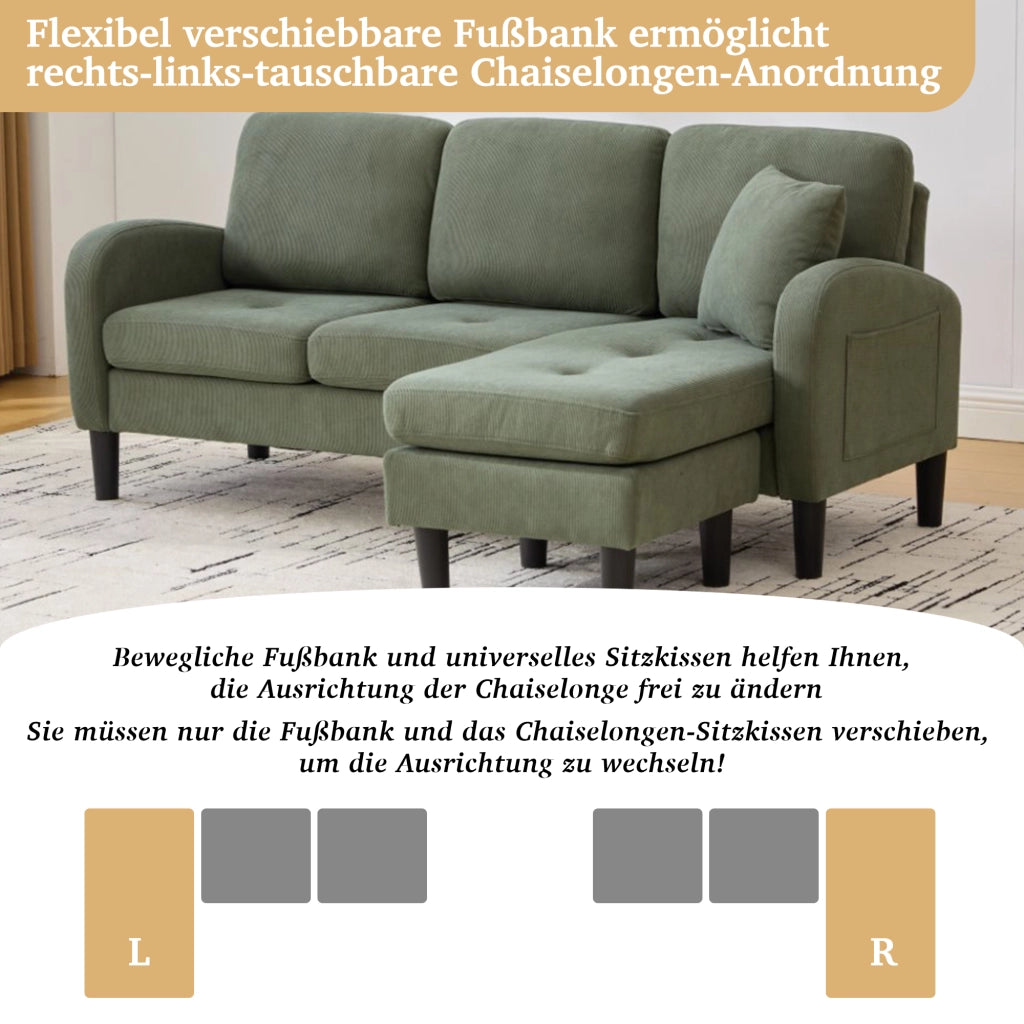 Divano angolare modulare 3 posti con chaise longue reversibile in corda verde