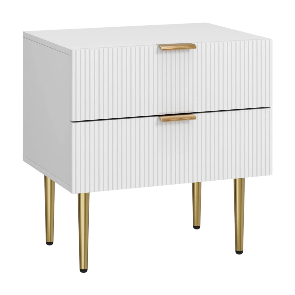 Comodino 64.0x47.0x14.5 cm con 2 cassetti; design a scanalature; in MDF e truciolare bianco